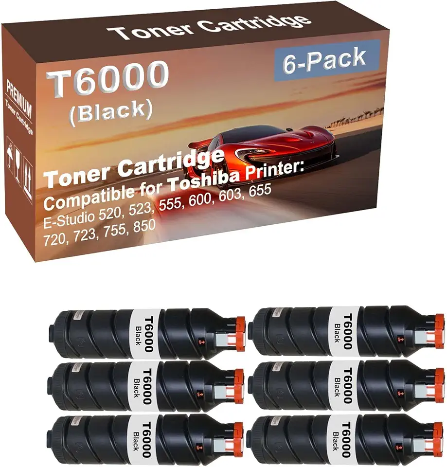 6-Pack Compatible High Capacity T6000, T7200, T8550 Toner Cartridge use for Toshiba E-Studio 520, 523, 555, 600 Printer (Black)