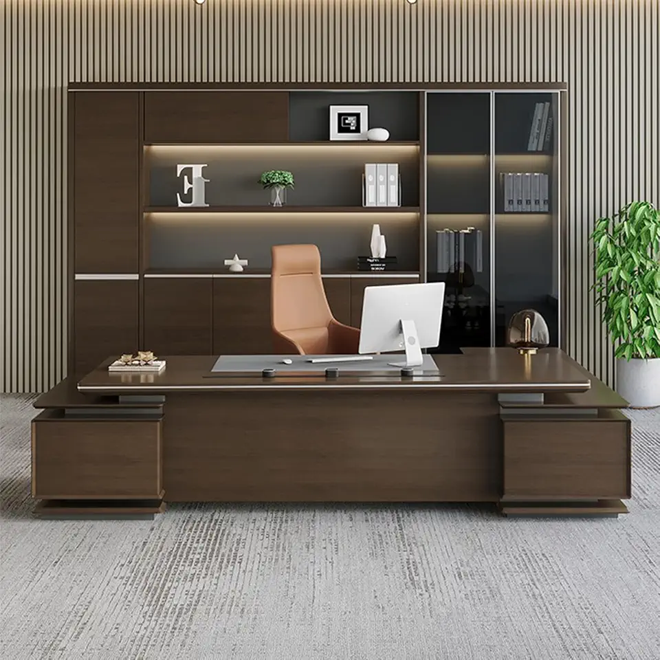 YZABEL Brown 94 inch Executive Office Desk with Power Outlets, L Shaped Computer Desk with File Drawers and Lateral Cabinet, Writing Table Business Furniture Set Workstation for Study, Work