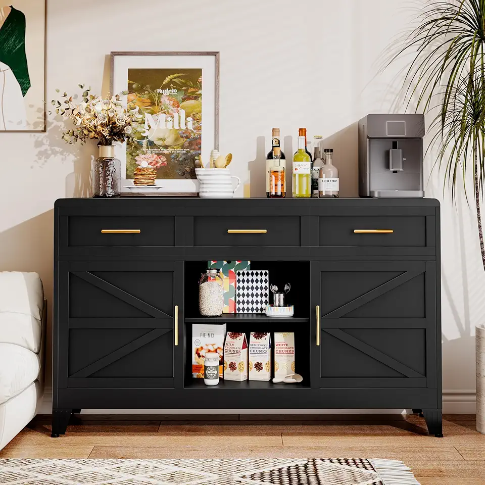 Metal Sideboard Buffet Cabinet,Coffee Bar Cabinets with 2 Doors, 3 Drawers and an Open Storage Space,Buffet Table Wine Bar Cabinet for Dining Room, Living Room