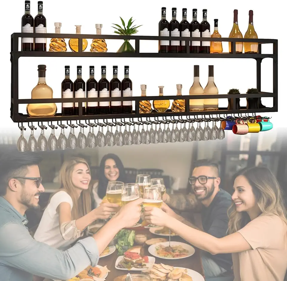 Wine Rack Wall Mounted with Wine Glass Rack,Removable Bar Decor Rack Liquor Bottle Display Shelf,Bottle Storage Rack with Light,for Home/Restaurant/Bars Two-layer-200cm