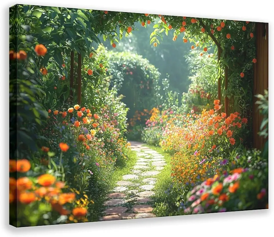 Warm Garden Landscape Canvas – Sunlit Flowers Wall Decor, Home Office, Modern Nature Wall Art, Living Room, Bedroom, Large Canvas Painting Poster for Room Aesthetics Canvas Wall Art Print Frame 20x30i