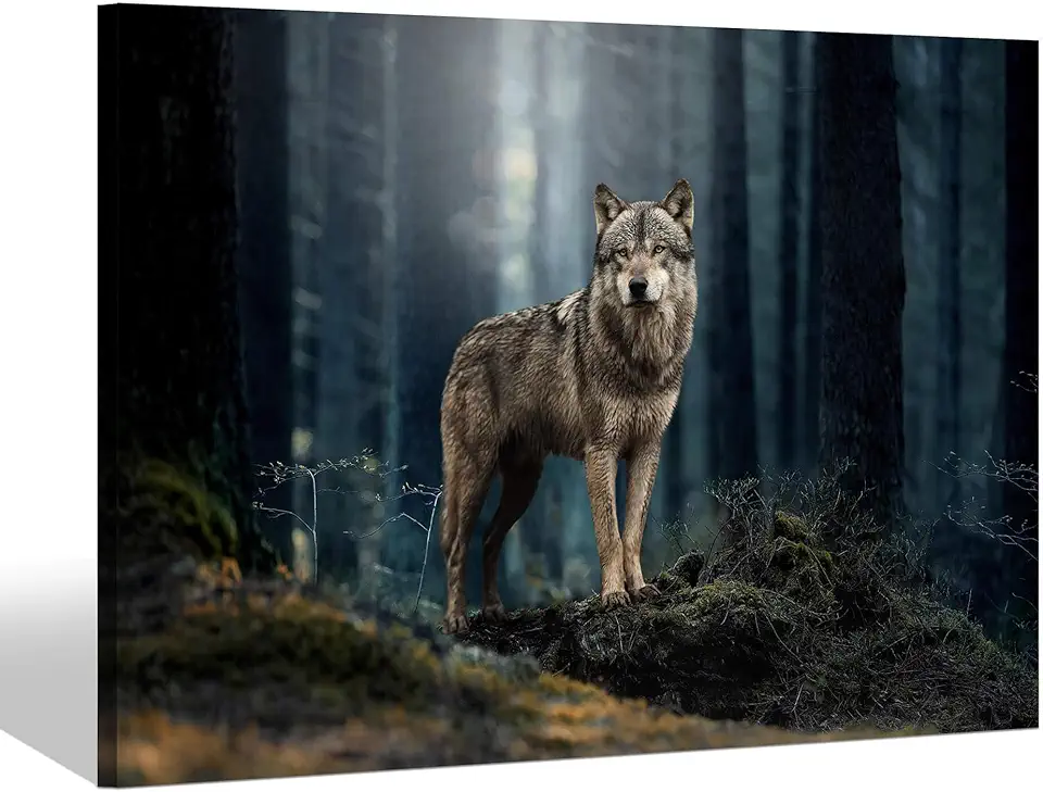 Sea Whisper Animal Wolf Canvas Wall Painting - Wild Wolf Standing Forest Artwork Painting Wildlife Nature Scene Picture for Kitchen Hallway