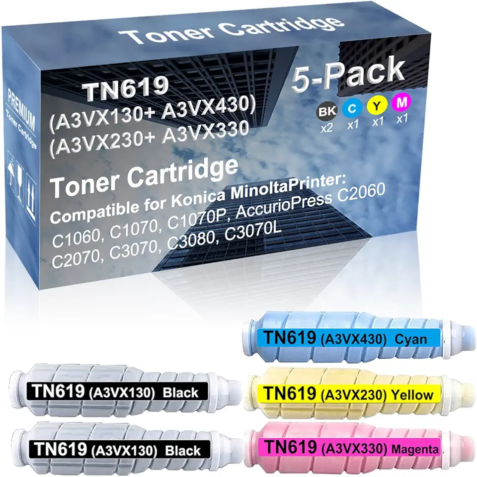 5-Pack (2BK+C+Y+M) Compatible AccurioPress C2060, C2070 Printer Toner Cartridge High Capacity Replacement for Konica Minolta TN619 (A3VX130+ A3VX430+ A3VX230+ A3VX330) Toner Cartridge