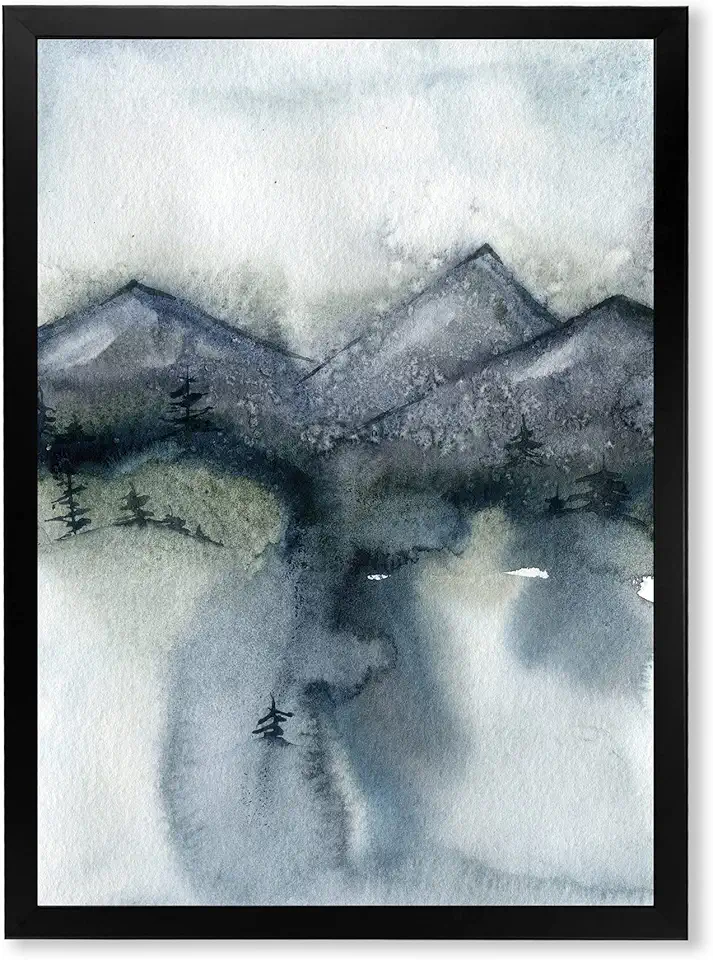 Minimalistic Landscape of Mountains Trees & Snow Modern Framed Wall Art