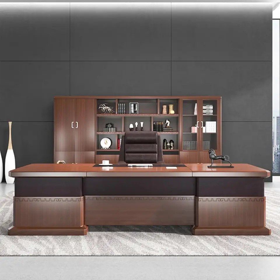 YZABEL Brown Solid Wood Executive Desk with Storage Cabinet, 94 inch Computer Desk with Cable Management, Writing Table Business Furniture Set Workstation for CEO Boss