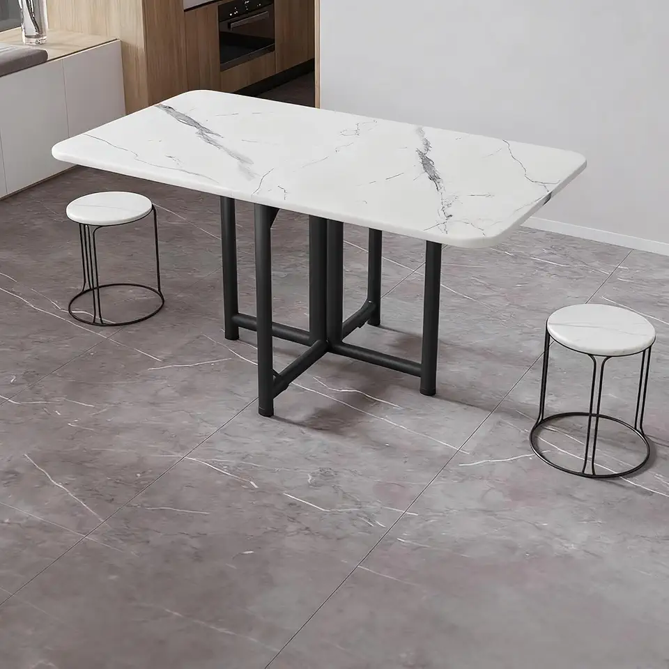 Modern Multifunction Expandable Folding Table with Metal Frame Space Saving Portable Drop Leaf Dining Table for Small Spaces Kitchen, Bedroom, Living Room(White,120 * 80 * 75cm/47.2 * 31.5 * 29.5in)