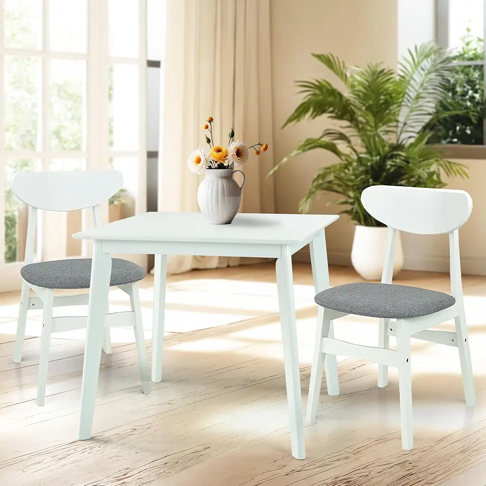 Wickerix Set of 3 Dining Kitchen Square Table and 2 Yumiko Side Chairs Solid Wood w/Padded Seat, White Color