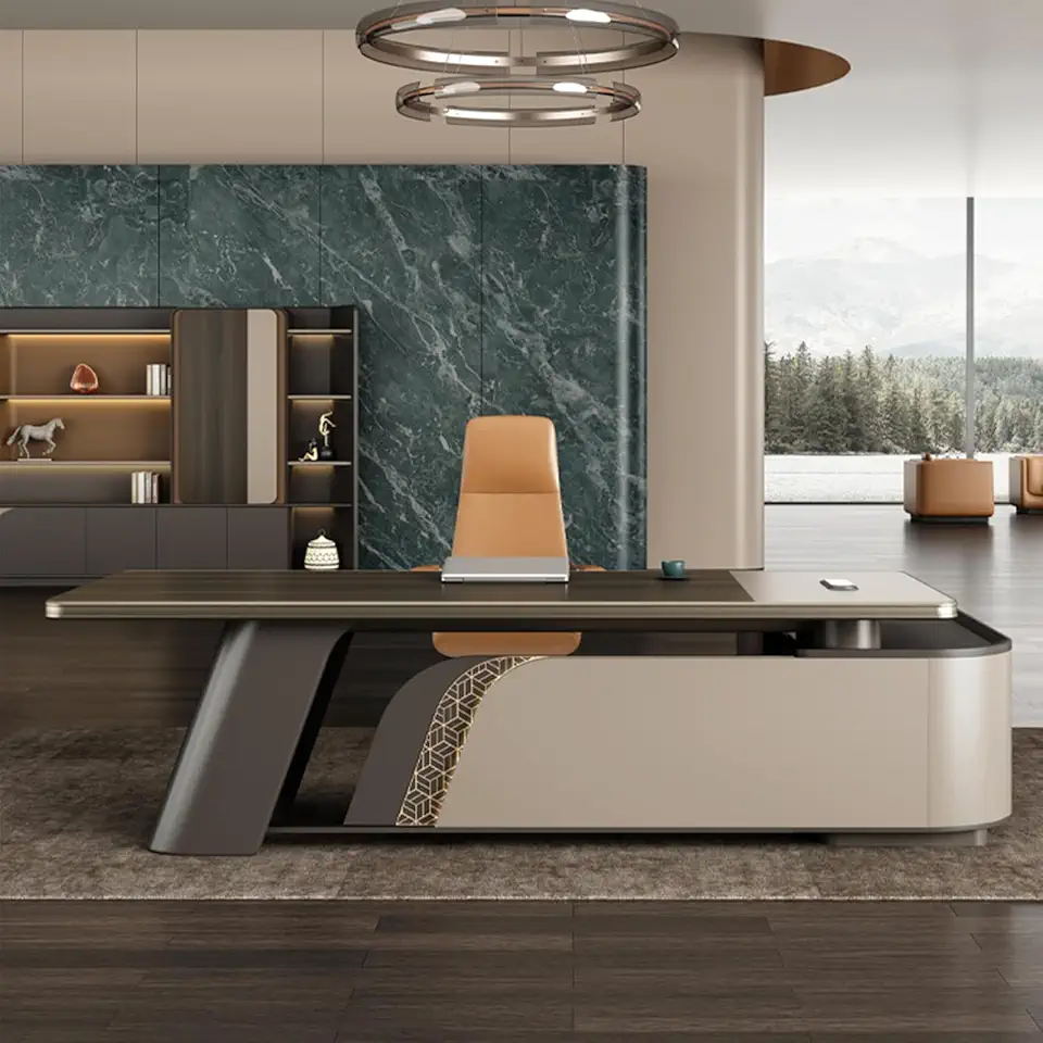 L-Shaped Luxury Executive Office Desk Computer Desk with Lateral Cabinet Writing Study Table Business Furniture Set for CEO Boss