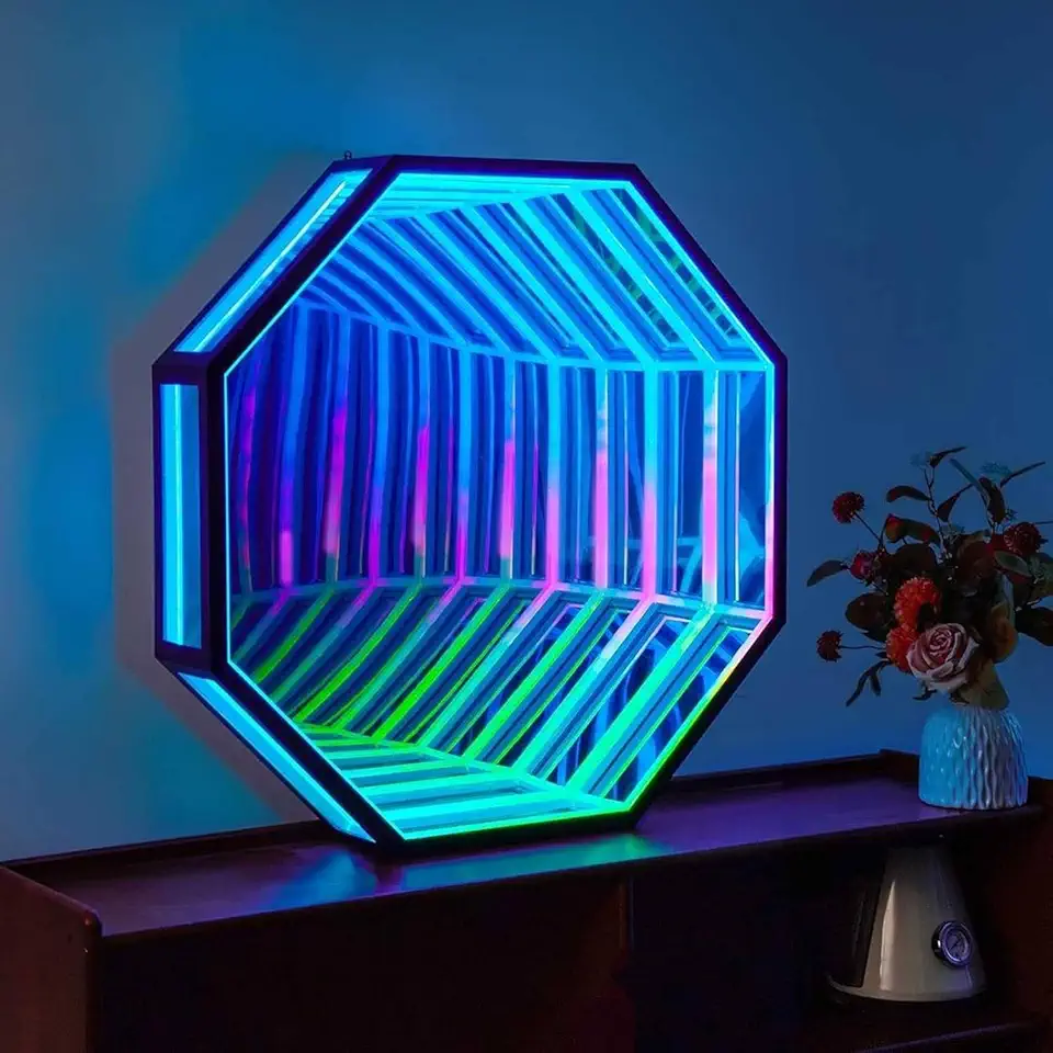 Mirror Tunnel Lamp with Colors, Remote Control 3D Light, Multi-Color Playroom Decor, Geometric RGB Wall Art, Colour Changing Night Light(Octagon,50cm)