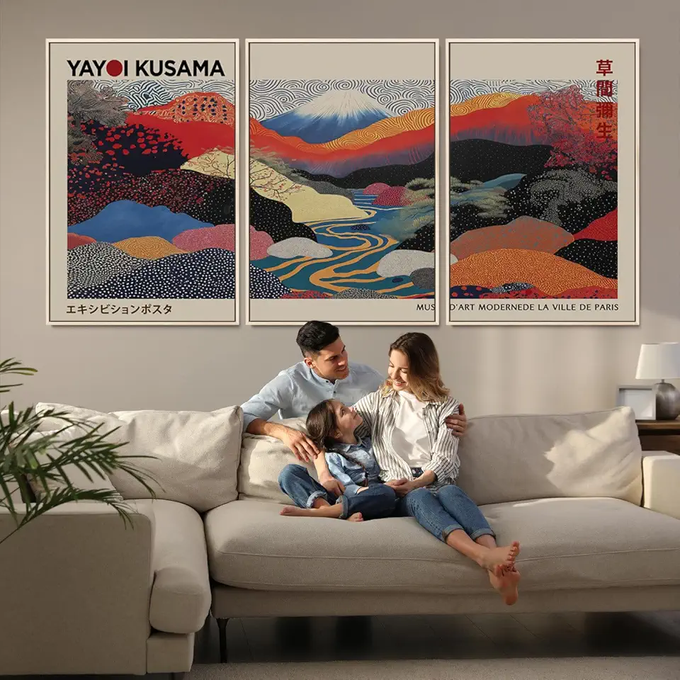 Sami Eymur Abstract Canvas Wall Art – Colorful Dot Design, Ready to Hang Frame 3 Panel Floating Frame/Natural / 90