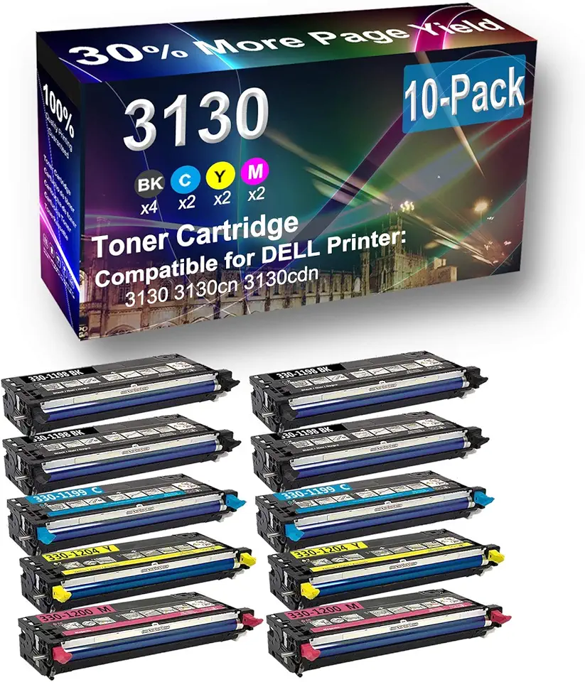 10-Pack (4BK+2C+2Y+2M) Compatible High Yield 330-1198 H516C 330-1199 H513C 330-1204 H515C 330-1200 H514C Laser Printer Toner Cartridge Used for Dell 3130cdn Printer