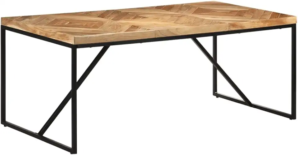 Rectangular Acacia Mango Wood Dining Table with Chevron Design, Seats 6-8, Sturdy Steel Frame for Kitchen or Dining Room