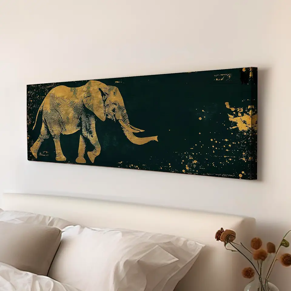 My Sweet Hideout Gold And Green African Elephant Above Bed Wall Art African, Panoramic Wildlife Canvas Print, Safari Long Horizontal Canvas Art 30x90