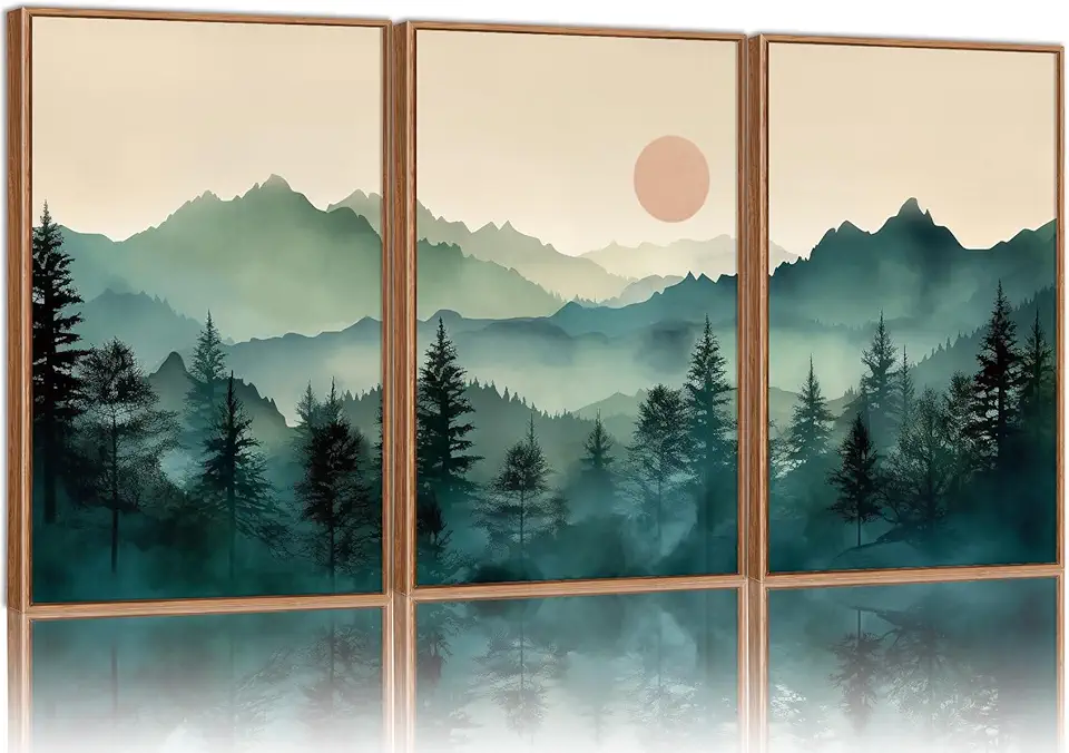 SIGNINART Large Boho Mountain Framed Canvas Wall Art Set, Nature Pine Tree Wall Painting, Abstract Foggy Forest Wall Decor, Modern Sunrise Art Prints for Bedroom Living Room and Office - 16