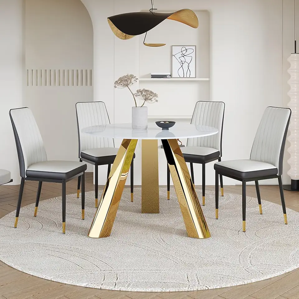 GOWE A 42-inch Round Dining Table with cast Iron Base and Stainless Steel Legs, paired with Four White-Gray Striped Dining Chairs
