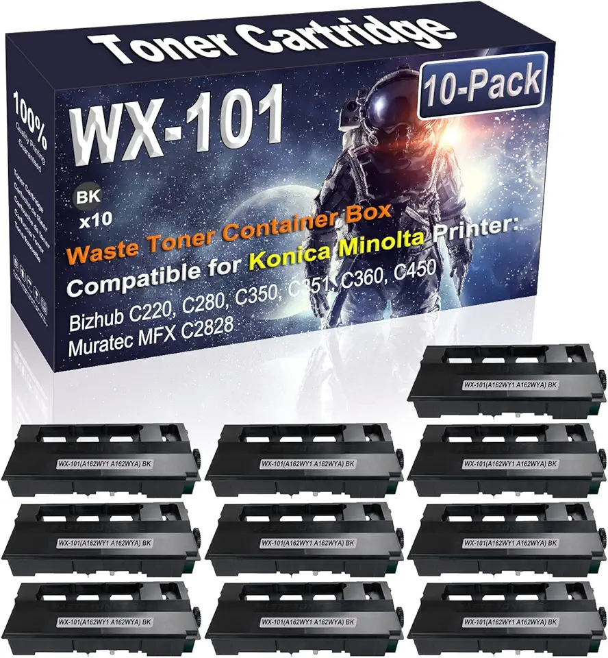 10-Pack (Black) Compatible High Yield WX101 WX-101 (A162WY1 A162WYA) Waste Toner Container Box Use for Konica Minolta Bizhub C220 C280 C350 C351 C360 Printer (45,000 Pages)