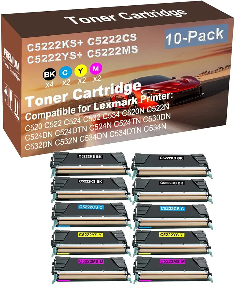 10-Pack (4BK+2C+2Y+2M) Compatible High Yield C5222KS+ C5222CS+ C5222YS+ C5222MS Laser Printer Toner Cartridge Used for C530DN, C532DN, C532N, C534DN, C534DTN, C534N Printer