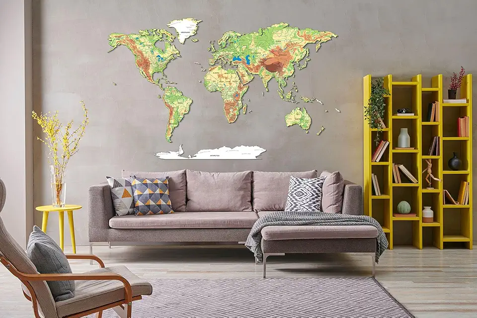 68travel Colourful Wooden World Map - physical (300cm / 118