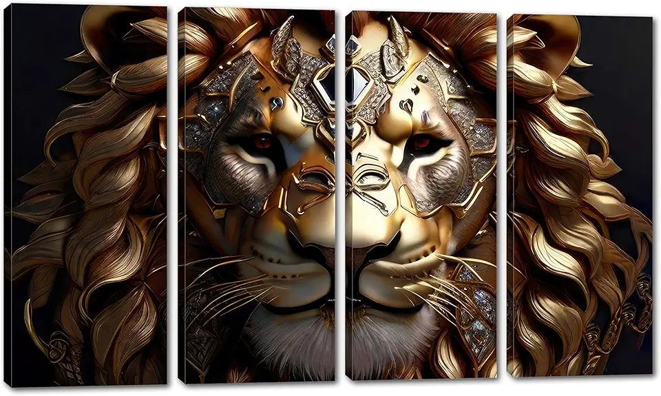 80 x 50 TOTAL - Gold Lion Canvas Wall Art Lion Portrait Print, office art - 4 Panel Split