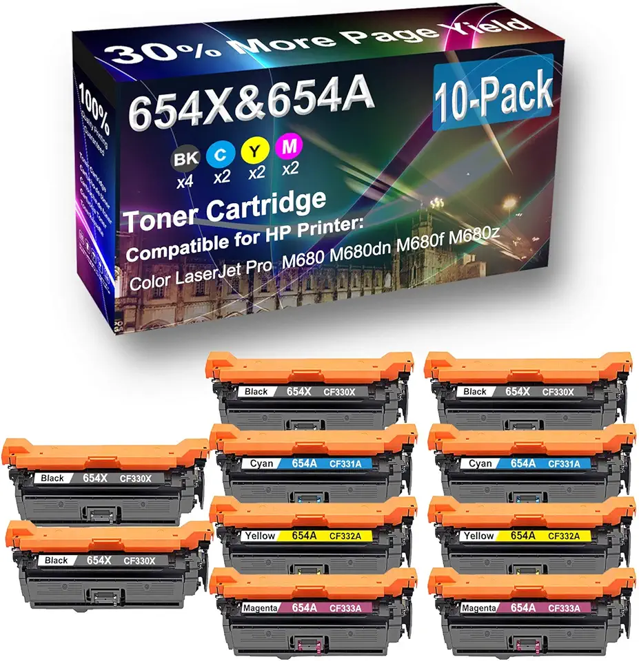 10-Pack (4BK+2C+2Y+2M) Compatible High Yield 654X 654A (CF330X+ CF331A+ CF332A+ CF333A) Laser Printer Toner Cartridge use for HP M651xh Printer