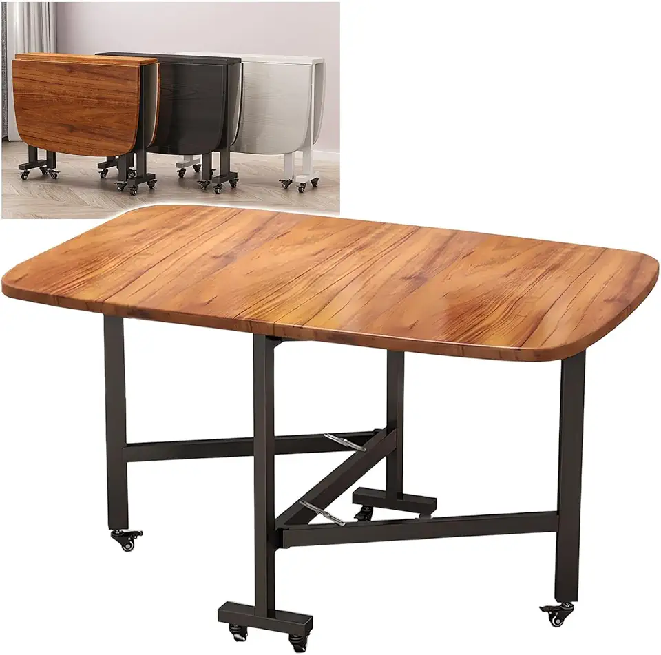 Wooden Foldable Kitchen Table with 6Wheels, Multifunction Table Drop Leaf Dining Table, Multifunction Expandable Folding Table for Small Spaces Kitchen, Bedroom, Living Room, Carbon Steel Pipe Bracket