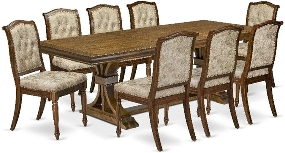 LEMA9-AWA-36 9 Pieces Kitchen Table Set Includes a Rectangular Dining Table and 8 Light Beige Polyester Fabric Dining Chairs, Antique Walnut Finish