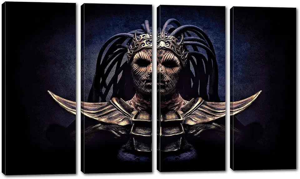 80 x 50 TOTAL - Aztec God Canvas Print Wall Art Dark Purple 4 Panel Split Mayan goddess snake hair statue