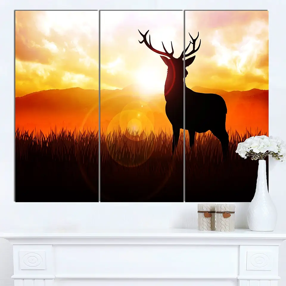 Design Art Deer on Meadow During Sunrise Large Animal Wall Artwork, 36x28-3 Panels