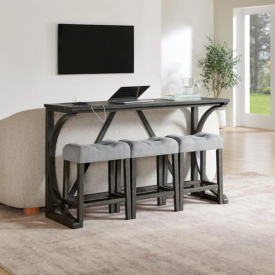 Knocbel Industrial 3-Person Counter Height Bar Table Set with Power Outlet, Sofa Table with Padded Seat Stools, Apartment Condo Small Space Pub Bistro Dining Furniture (Black)