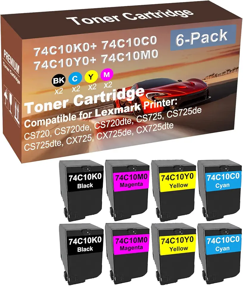 8-Pack (2BK+2C+2Y+2M) Compatible CS725, CS725de, CS725dte Printer Toner Cartridge High Capacity Replacement for 74C10K0+ 74C10C0+ 74C10Y0+ 74C10M0 Toner Cartridge