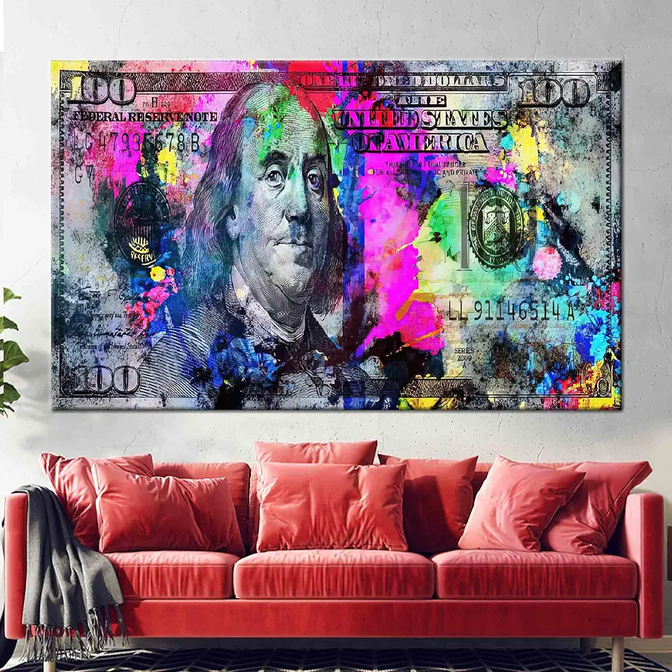 Colorful Abstract Money Print With Black Frame Perfect for Office Decor - 1PC - 100x235