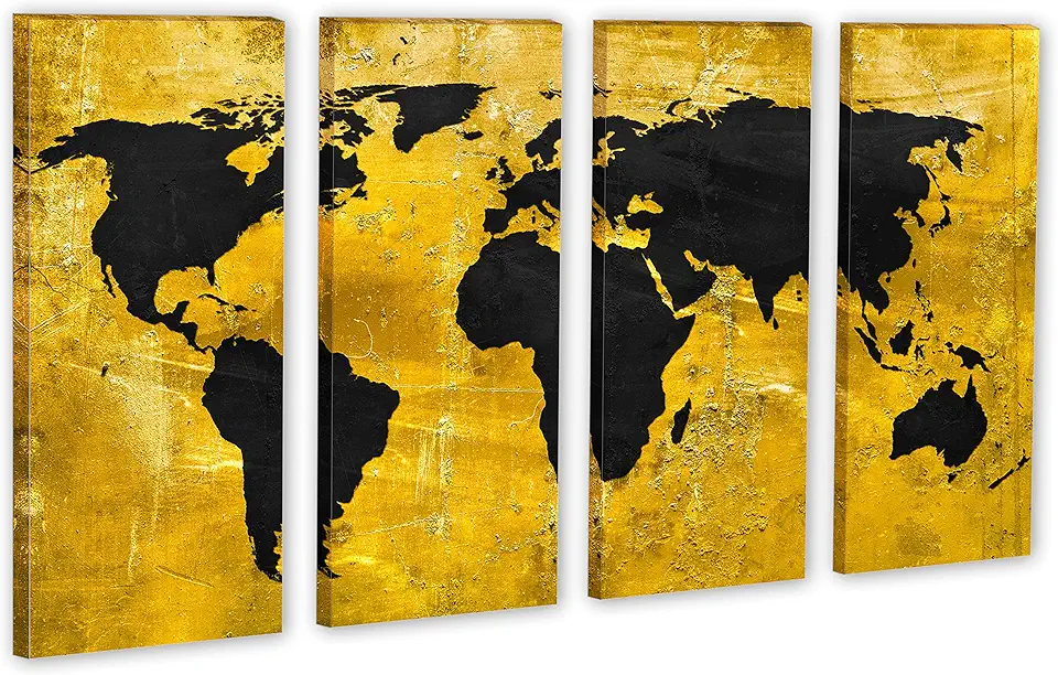 80 x 50 TOTAL - Black & Gold World Map Canvas Print Wall Art. 4 Panel Split. Interior design wall decor