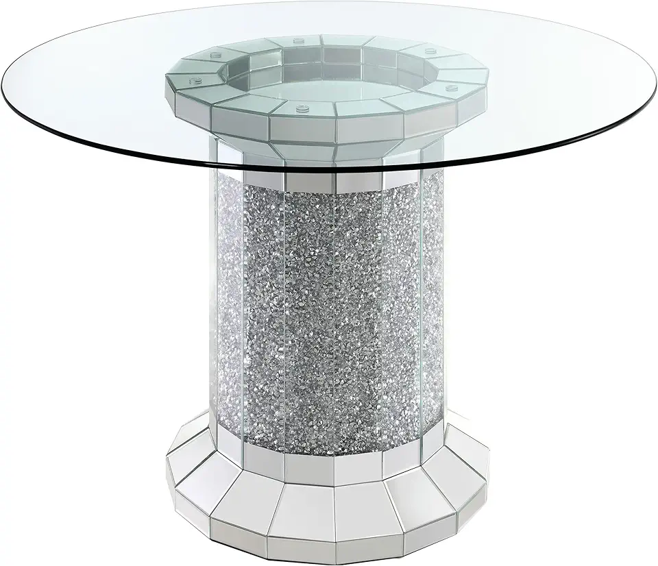 Coaster Home Furnishings - Ellie - 52-Inch Round Dining Table with Clear Glass Tabletop, Pedestal Base, Mirror Tile Pattern and Reflective Frame - Dining Room & Home Kitchen - Silver - 115558