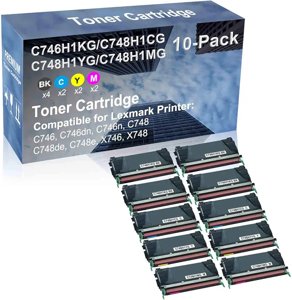 10-Pack (4BK+2C+2Y+2M) Compatible High Capacity C746H1KG+ C748H1CG+ C748H1YG+ C748H1MG Toner Cartridge Used for C746, C746dn, C746n Printer