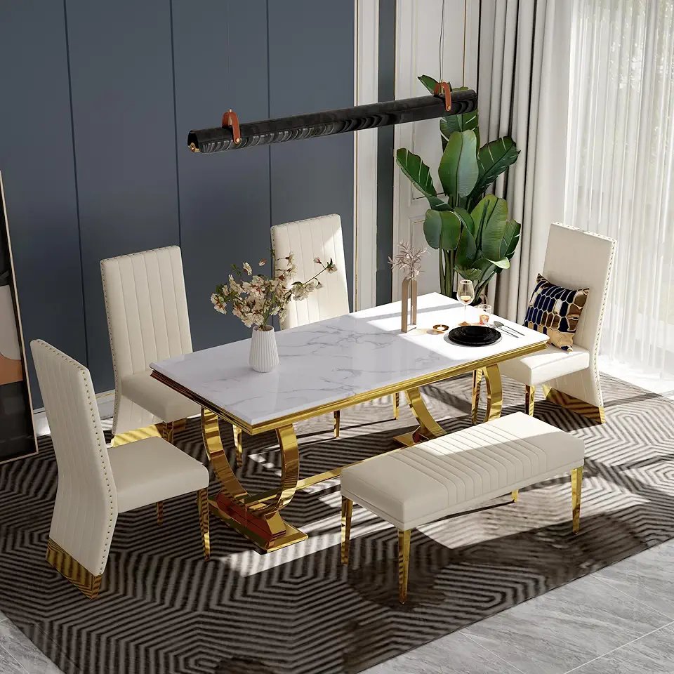 6 Piece Luxury Dining Set with Bench, White and Gold Dining Table Sets with 4 White Leather Dining Chairs and White Leather Bench, Gold Circle Base Dining Room Table Set for 6