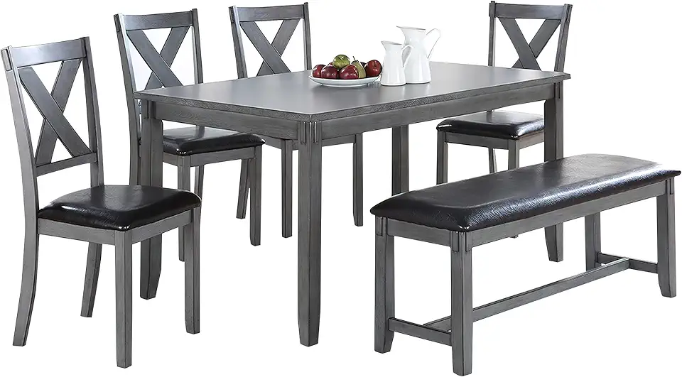 Benjara Modern 6 Piece Dining Set with Table, 4 Chairs and Bench, Faux Leather, Gray, Black