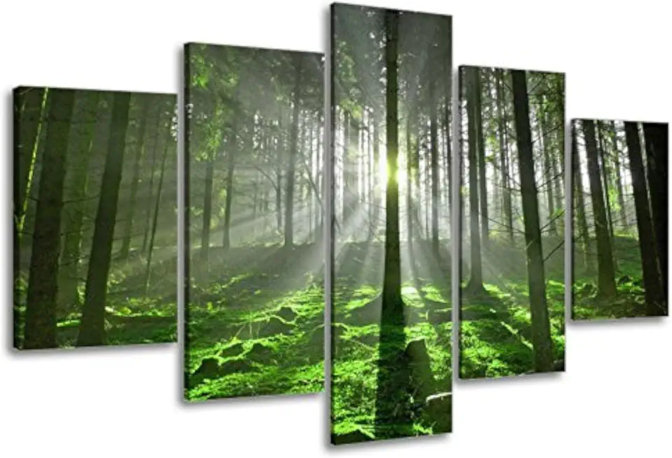 5 Panel Forest Wall Art for Office Decor, SZ Fantastic Spring Morning Sunrise Picture Canvas Prints of Nice Sunshine Peeking Through Rainforest (Waterproof Artwork, 1