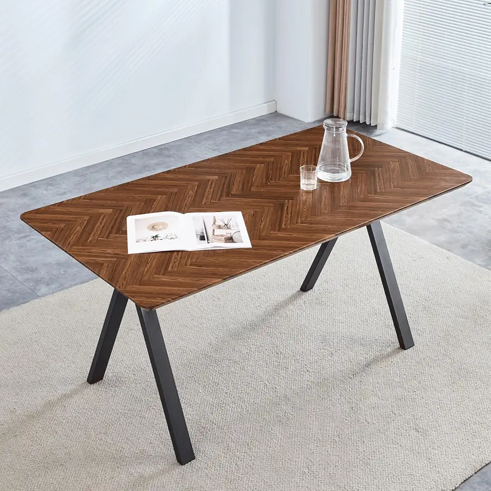 Geelife Dark Brown Herringbone MDF Dining Table - Modern Industrial Style