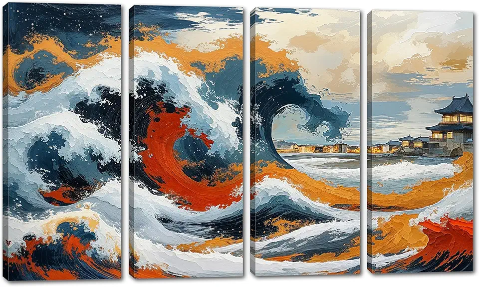 80 x 50 TOTAL - The Great Wave Wall Art Abstract Kanagawa Canvas Print 4 Panel Split Hokusai Japanese Decor