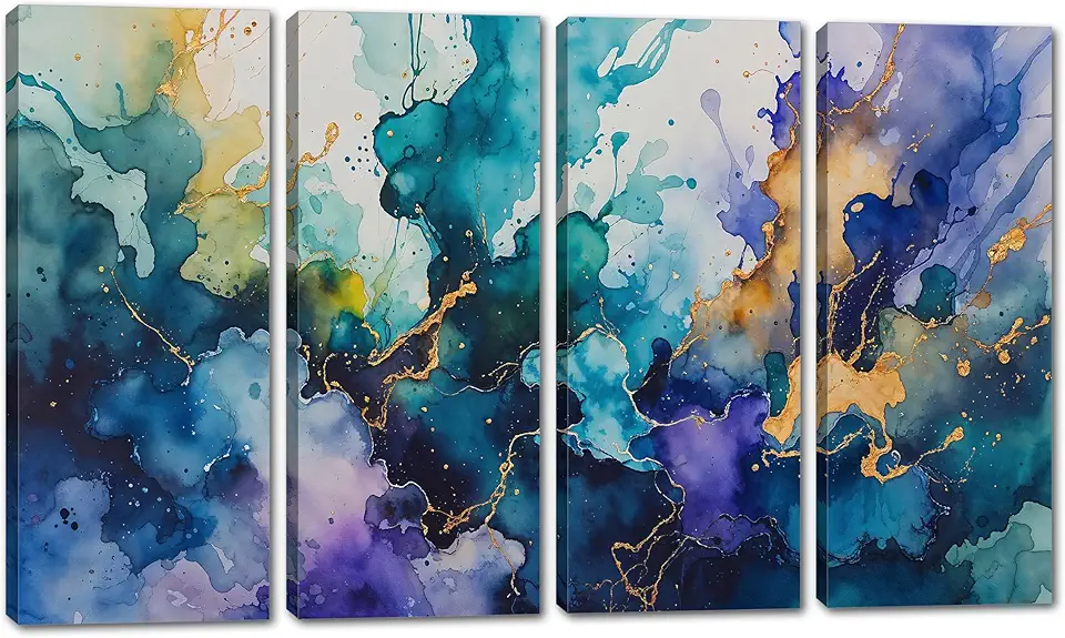 80 x 50 TOTAL - Abstract Watercolor Canvas Wall Art vibrand blue and purple Print, office art - 4 Panel Split