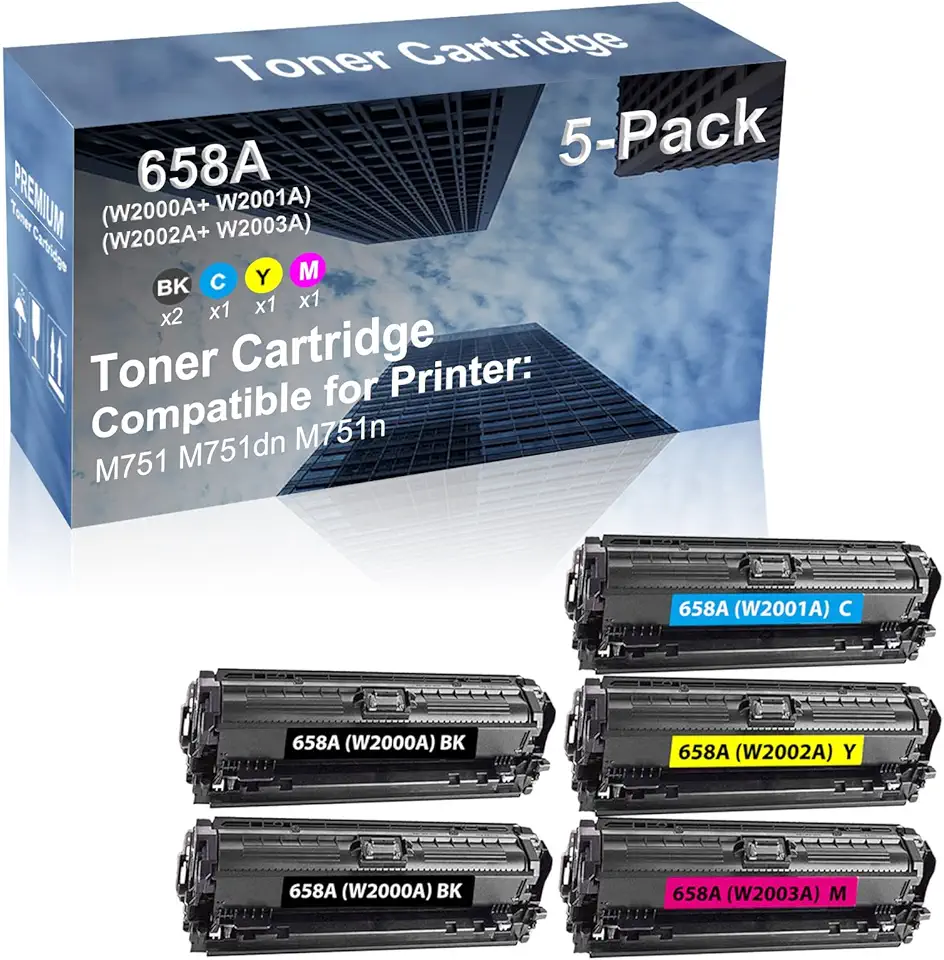 5-Pack (2BK+C+Y+M) Compatible High Capacity 658A (W2000A+ W2001A+ W2002A+ W2003A) Toner Cartridge Used for M751 M751dn M751n Printer