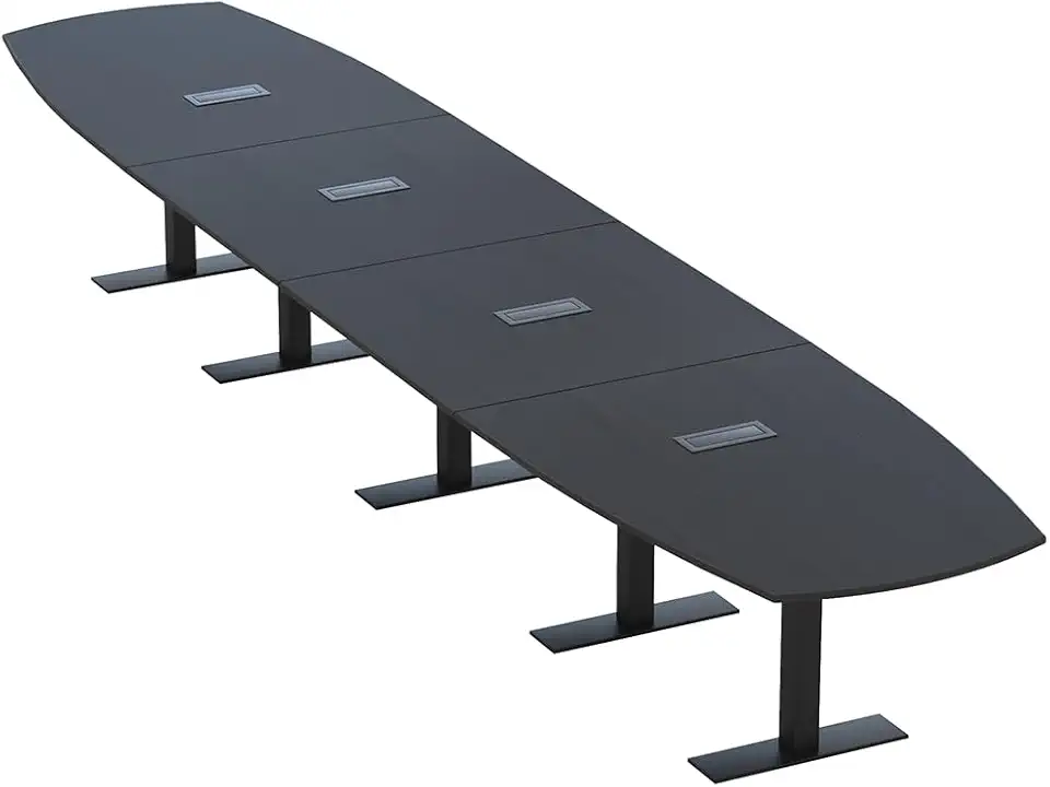 SKUTCHI DESIGNS INC. 20' Large Arc Boat Modular Conference Table with Data and Power | 20 Person Boardroom Table |Metal T Bases | Harmony Series | Black Cypress with Matte Black Base