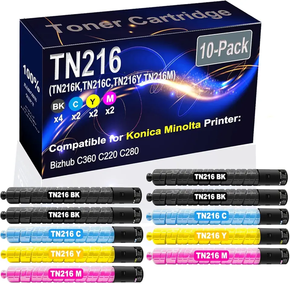 10-Pack (4BK+2C+2Y+2M) Compatible High Yield TN216 TN-216 (TN216K TN216C TN216Y TN216M) Printer Toner Cartridge use for Konica Minolta Bizhub C360 C220 C280 Printers