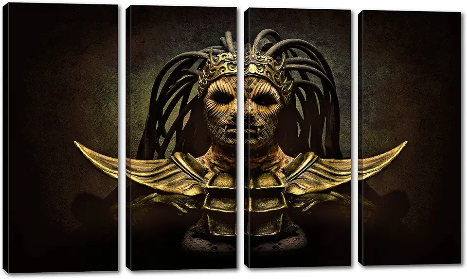 80 x 50 TOTAL - Aztec God Canvas Print Wall Art Dark Gold 4 Panel Split Mayan goddess snake hair statue