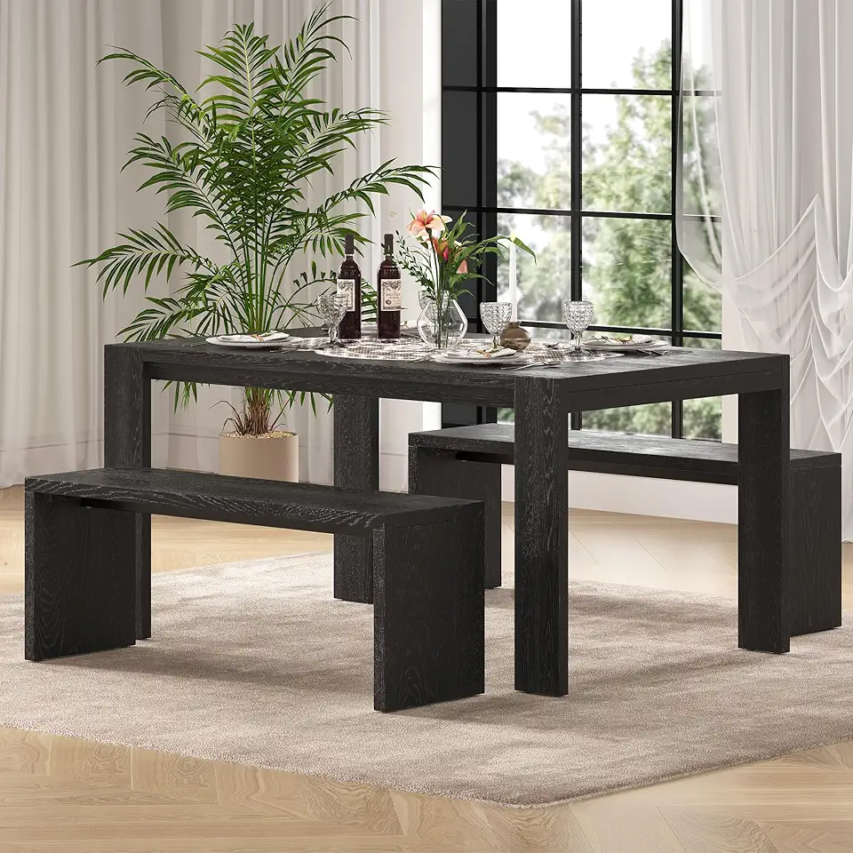 LMISOL 3 Piece Dining Table Set with Benches Farmhouse Kitchen Table Set for 4, Espresso