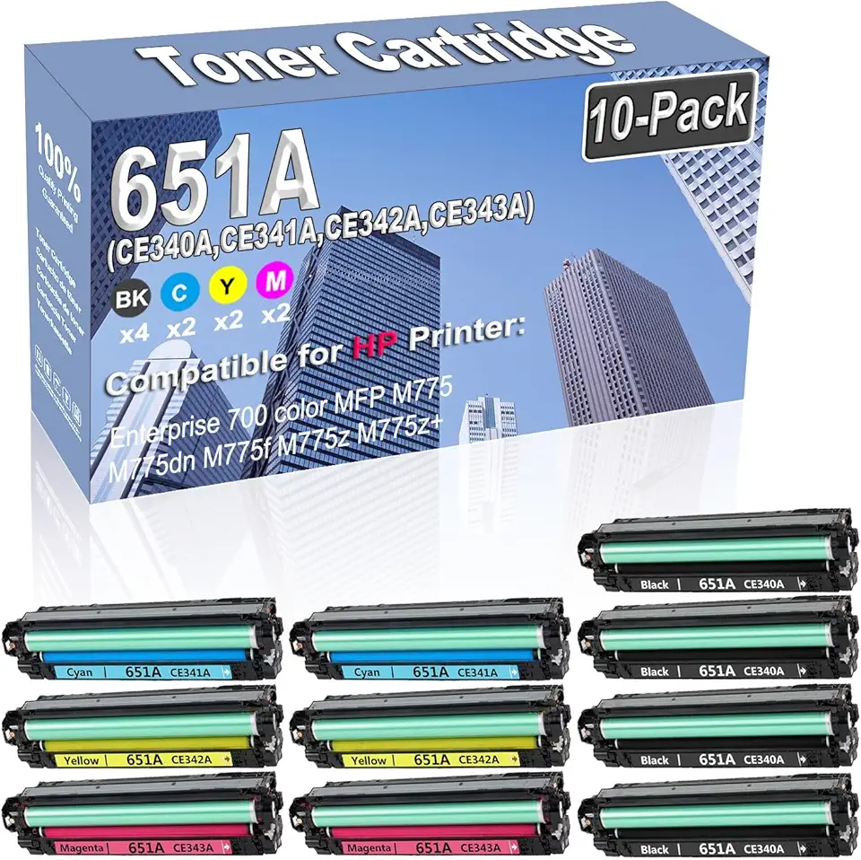 10-Pack (4BK/2C/2Y/2M) Compatible High Yield 651A (CE340A CE341A CE342A CE343A) Imaging Toner Cartridge Replacement for HP Enterprise 700 Color MFP M775 M775dn M775f M775z M775z+ Printer