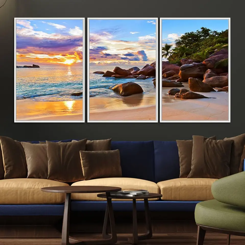 Tropical Beach Sunset Canvas Print, Ocean Waves and Rocky Shoreline Wall Art, Coastal Decor for Beach Lovers 3 Panel Floating Frame/White / 90