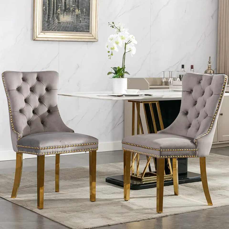 Modern Dining Chairs,High-End Tufted Velvet Fabric & High-Density Foam Filler Chair,Nailhead Trim And Chrome Stainless Steel Plating Legs,Applicable To Front Porch,Outdoor Lounge,Garden,Gray-Velvet-Fo