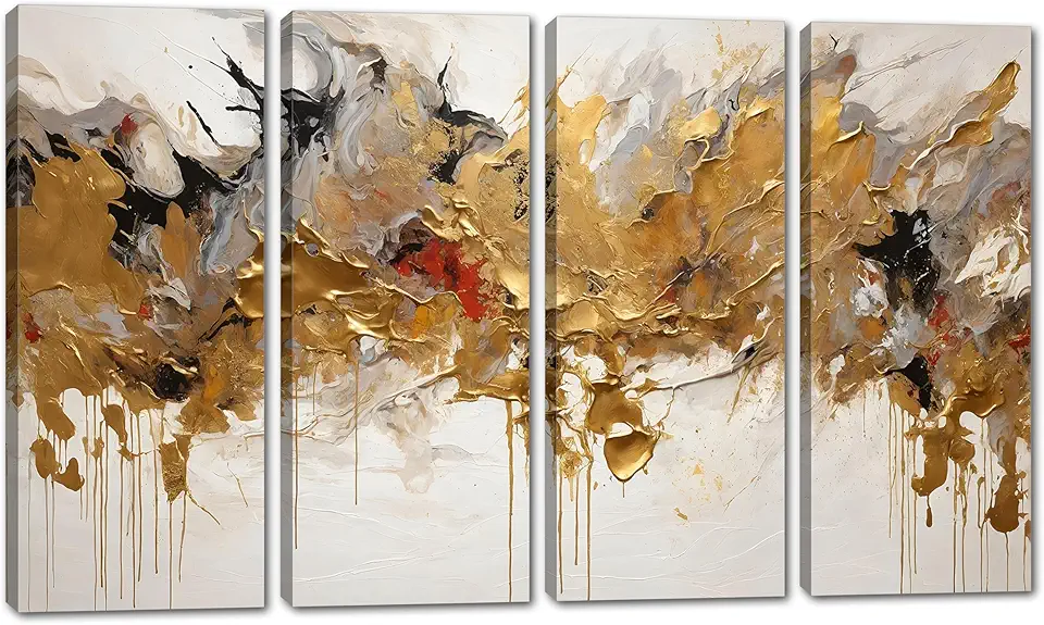 80 x 50 TOTAL - Abstract Wall Art Canvas Print 4 Panel Split Impasto style golden broshstrokes - Flat 2D Giclee
