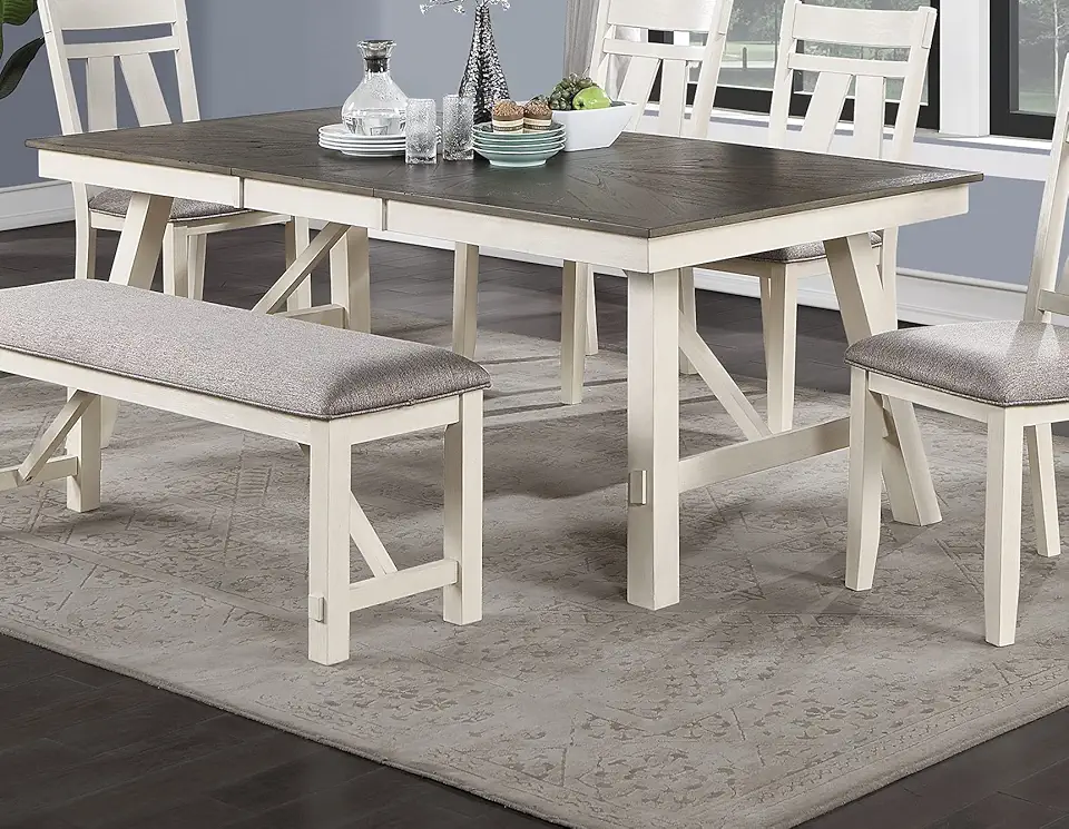 GOWE Dining Room Furniture Dining Table White Finish Table w Grey Wooden Top 1pc Rectangular Table with Leaf